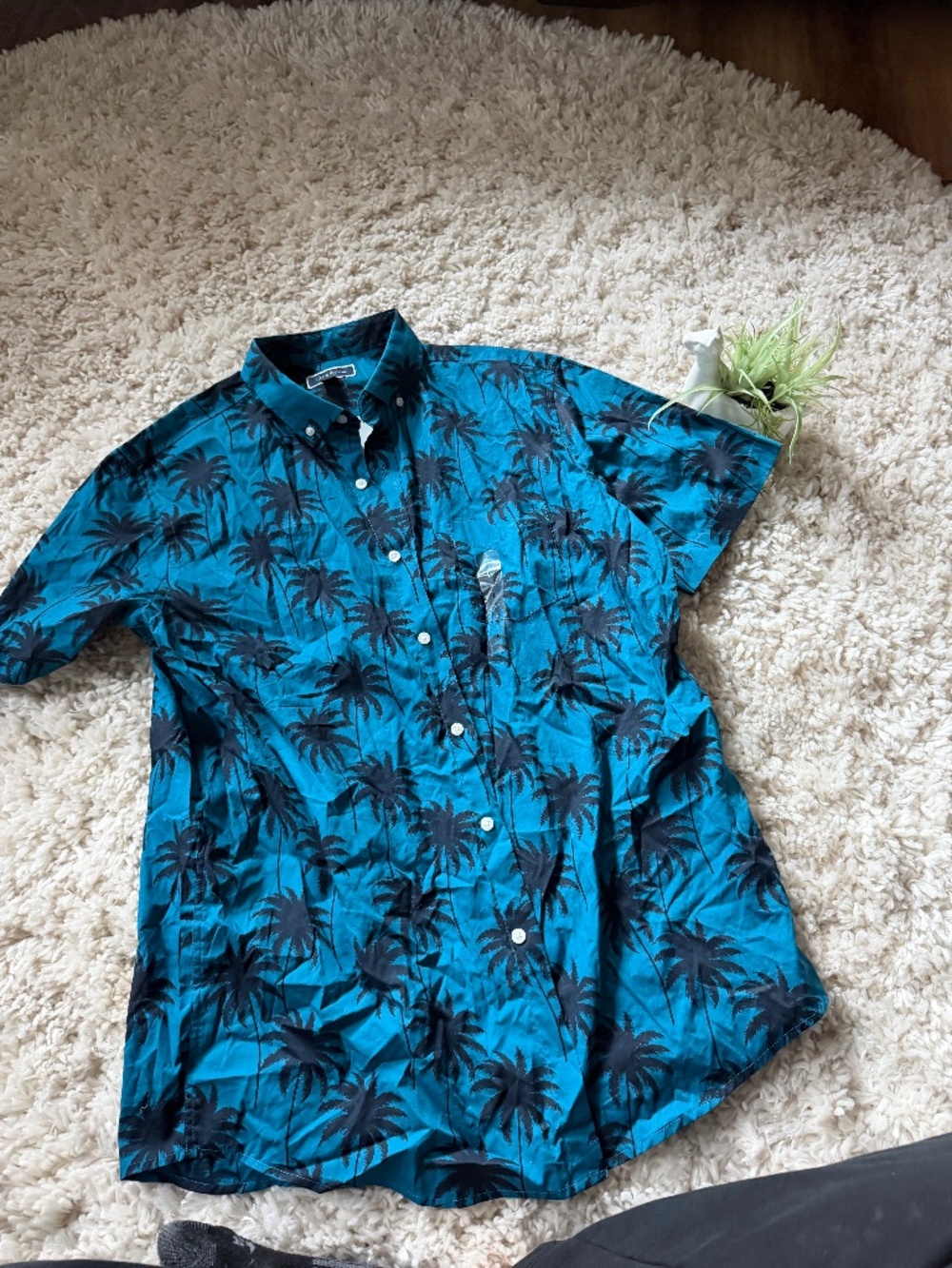 NWT Men’s Club Room Teal Short-Sleeve Palm-Print Button Down Shirt Short-sleeve